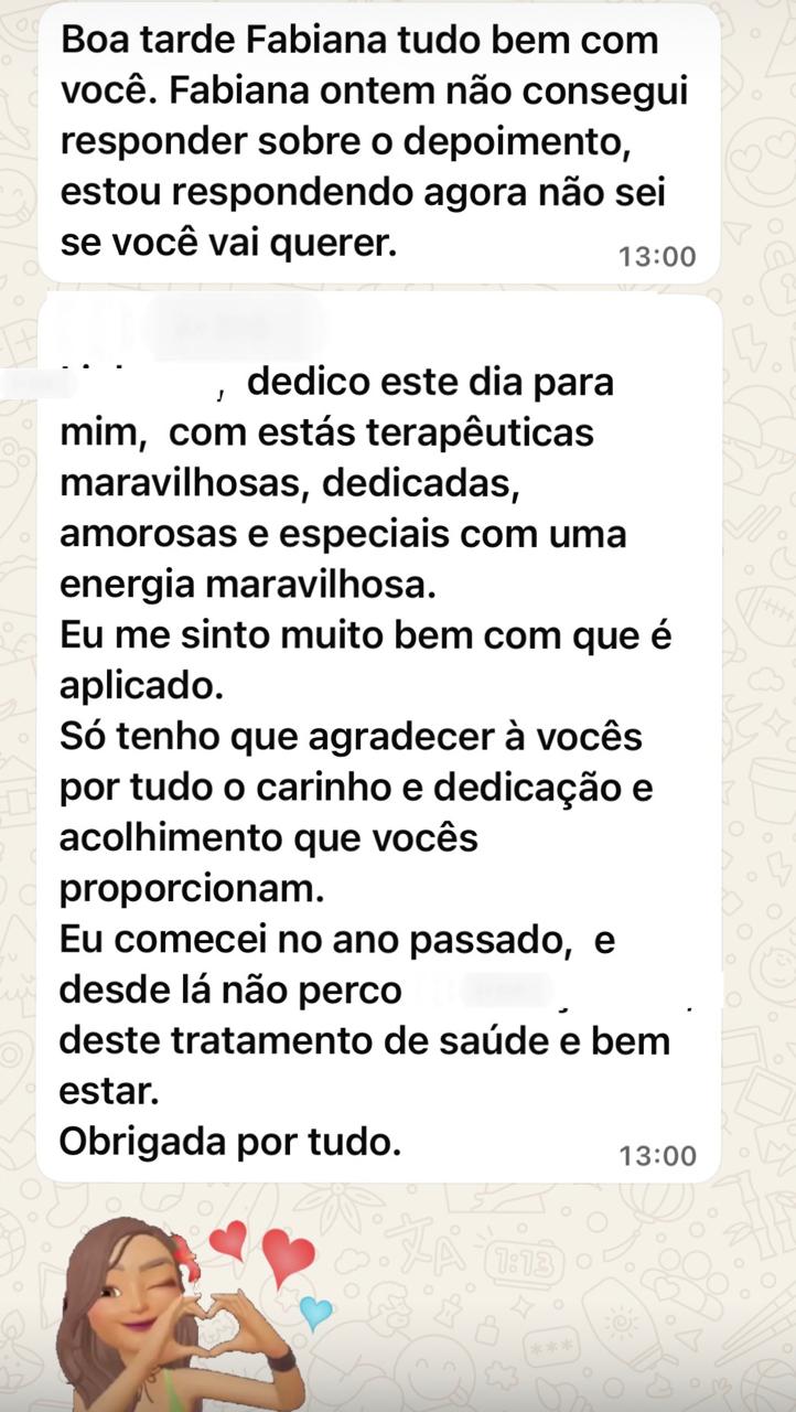 Depoimento de paciente via WhatsApp agradecendo pelo carinho, dedicação e acolhimento no tratamento